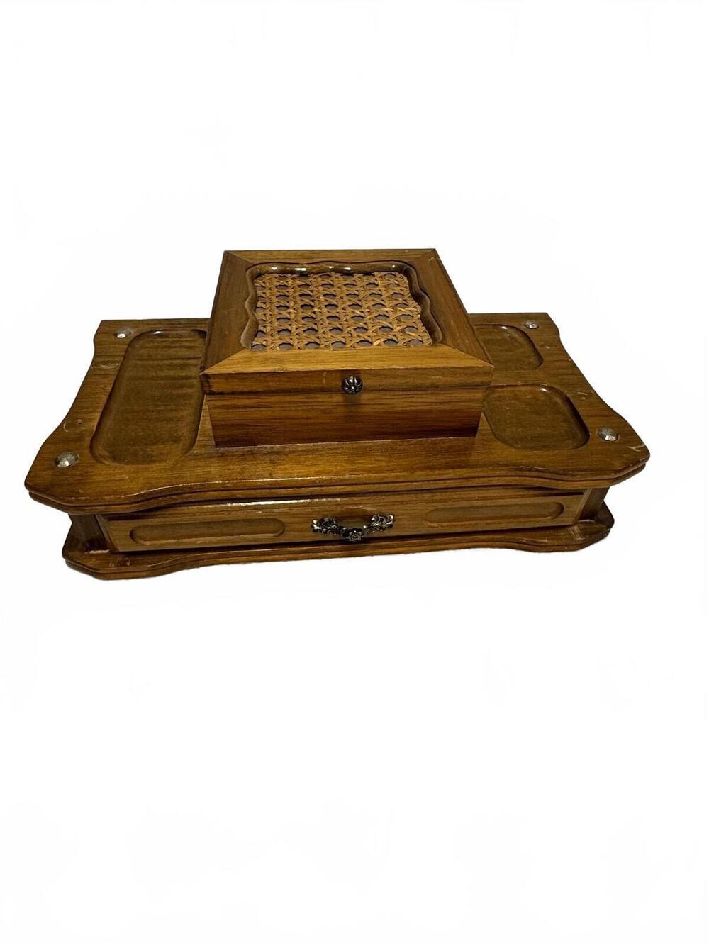 Vintage Mid Century Wooden Valet Box Dresser Organizer Cane Lid Drawer